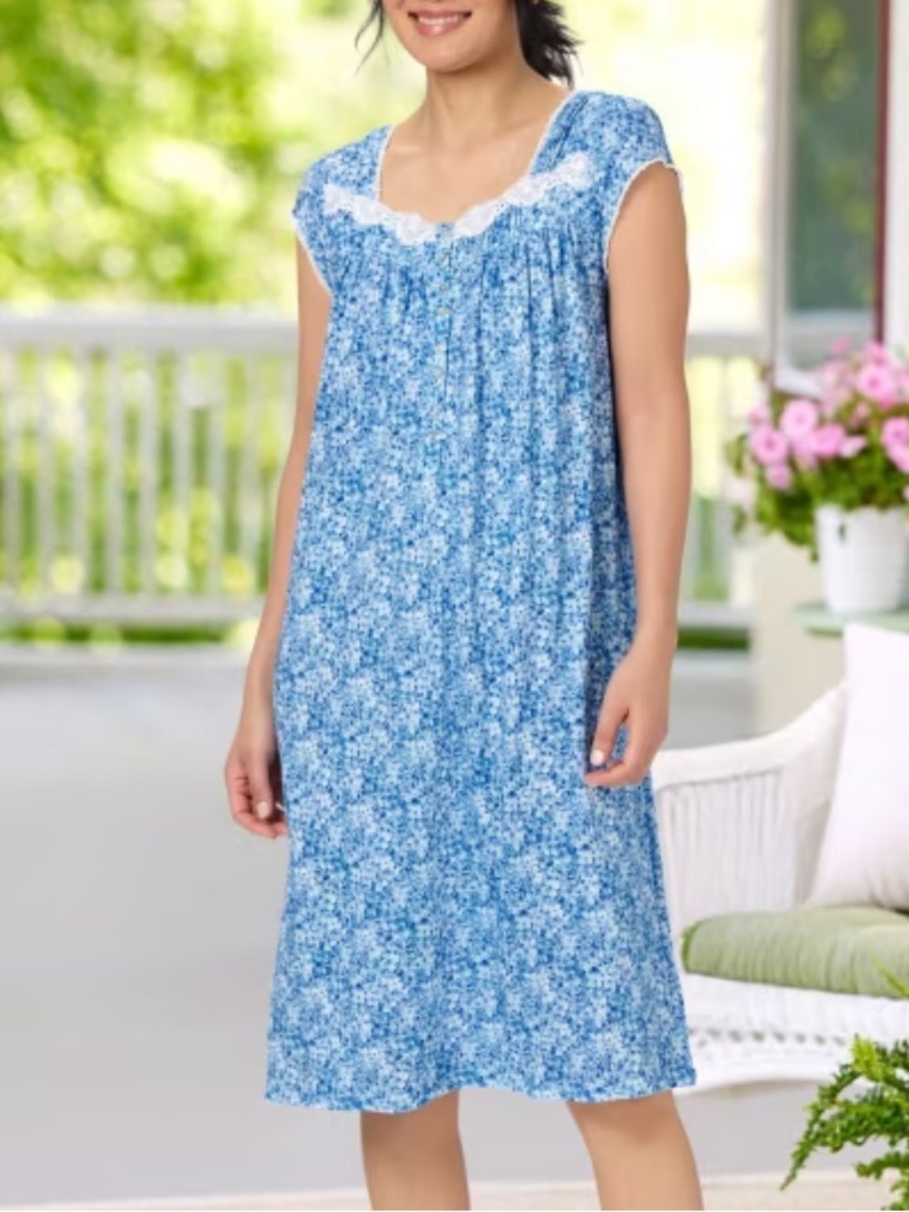 Eileen West Lilac Blossom Cotton Modal Nightgown Blue White Floral Size XL